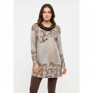 Floral Long Sleeve Tunic with Brown Cowl Neck